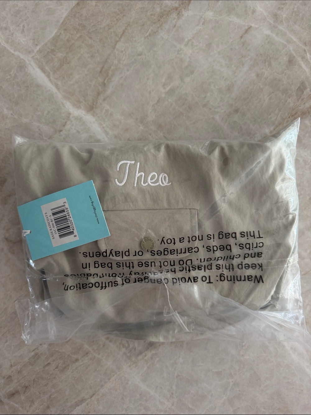 THE FOGGY DOG | Sage Raincoat | Size: Small | Embroidered “Theo”